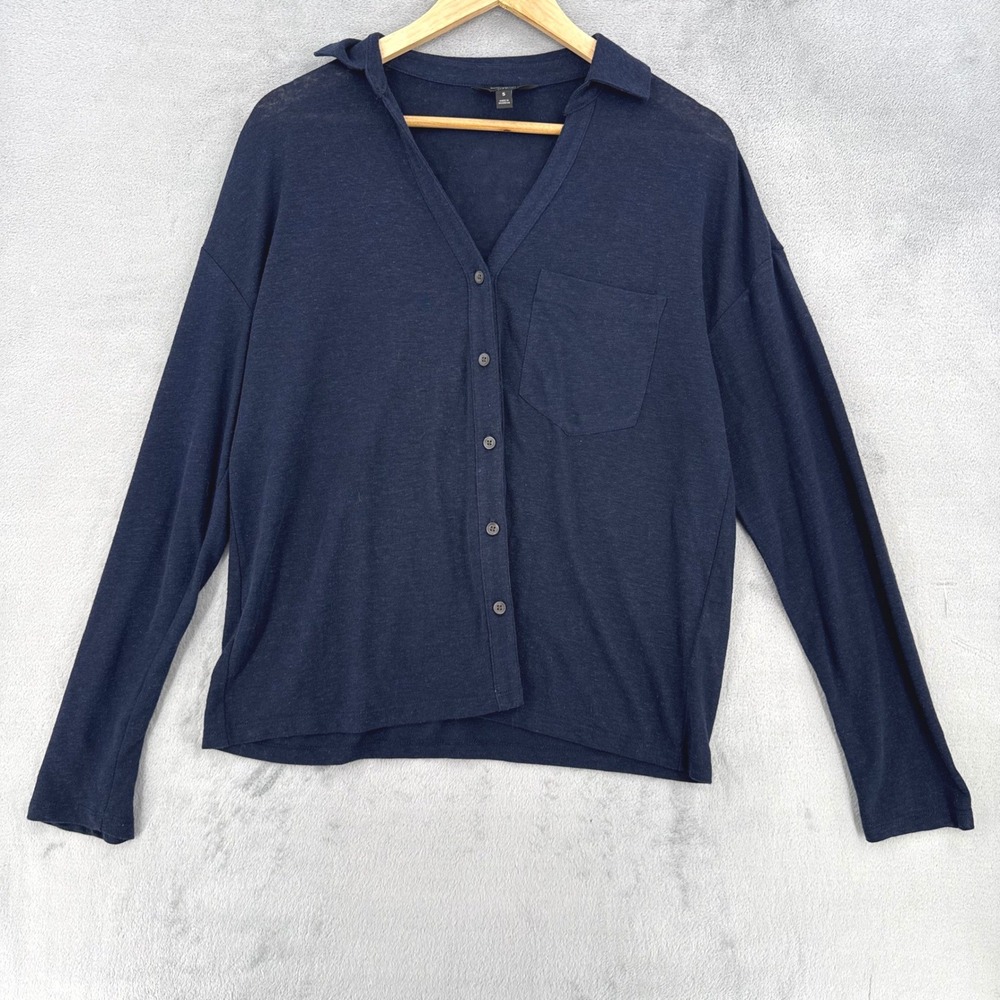 Banana Republic Top Womens S Navy Blue Linen Blend Button Front Long Sleeve